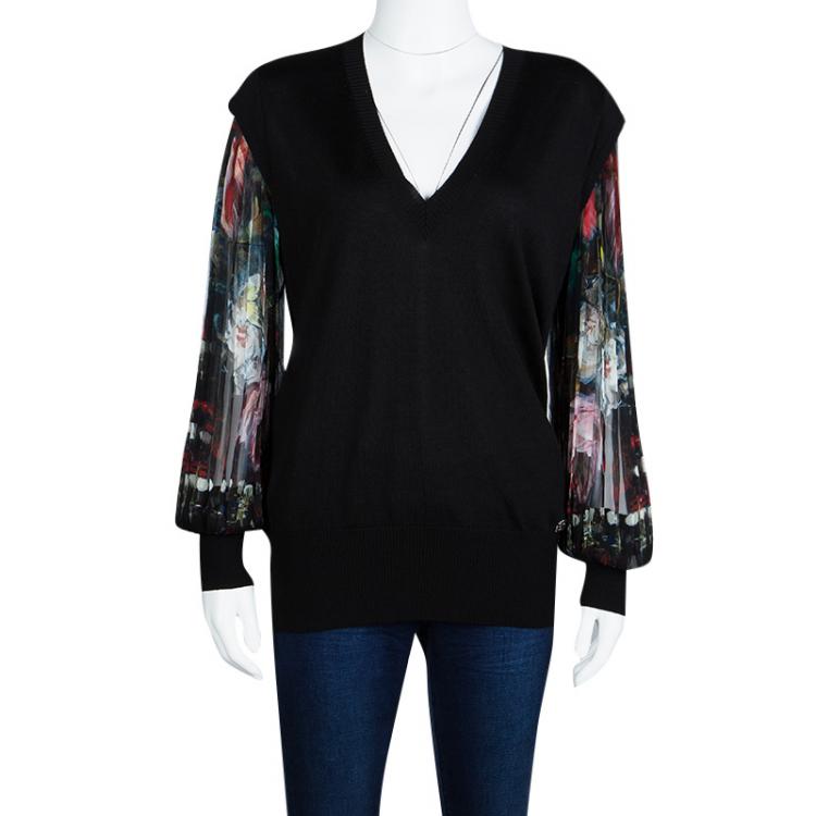 Pre Owned Roberto Cavalli Black Silk Knit Contrast Pleated Long Sleeve Detail Top L