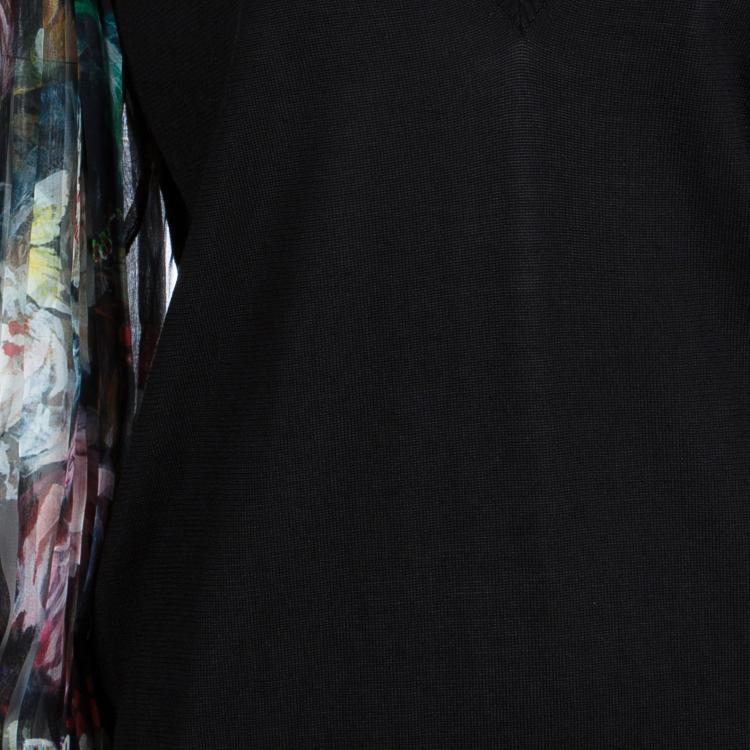 Pre Owned Roberto Cavalli Black Silk Knit Contrast Pleated Long Sleeve Detail Top L
