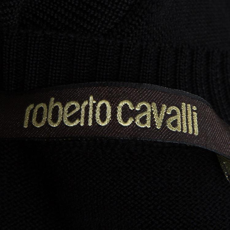Pre Owned Roberto Cavalli Black Silk Knit Contrast Pleated Long Sleeve Detail Top L