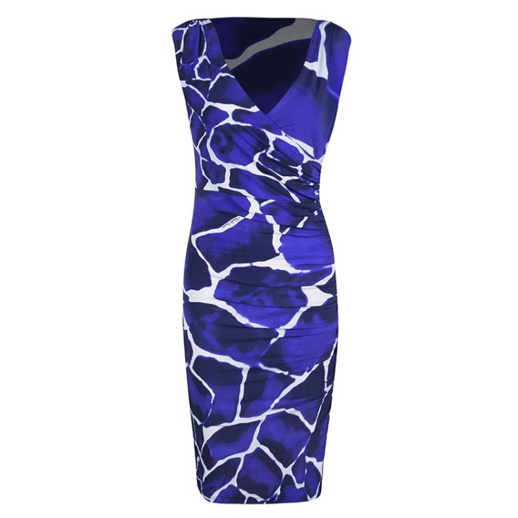 Pre Owned Roberto Cavalli Blue Printed Knit Ruched Draped Sleeveless Dress M
