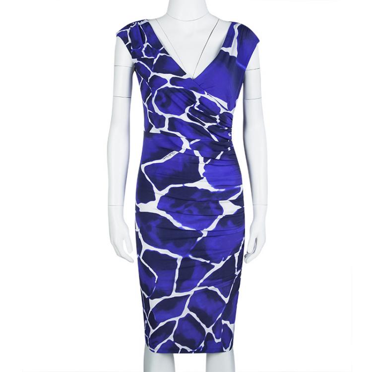 Pre Owned Roberto Cavalli Blue Printed Knit Ruched Draped Sleeveless Dress M