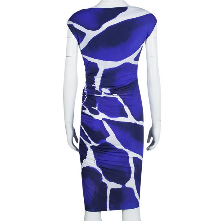 Pre Owned Roberto Cavalli Blue Printed Knit Ruched Draped Sleeveless Dress M