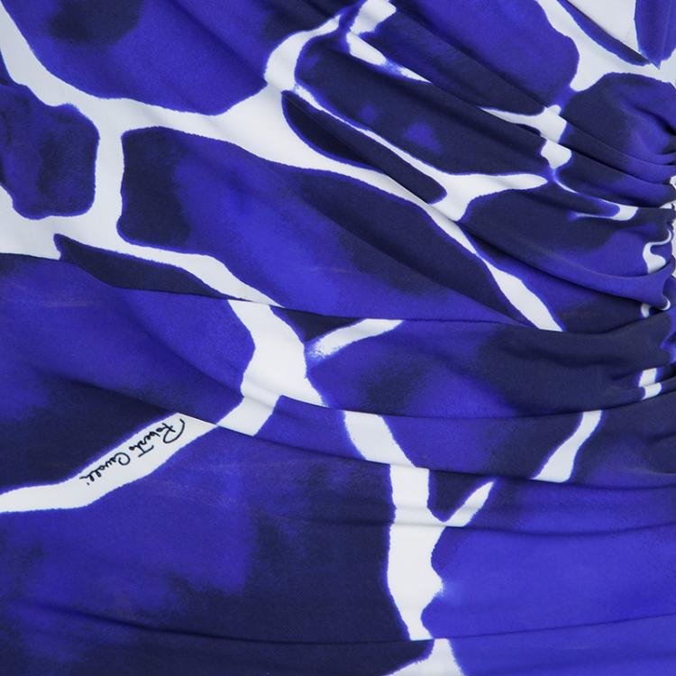 Pre Owned Roberto Cavalli Blue Printed Knit Ruched Draped Sleeveless Dress M