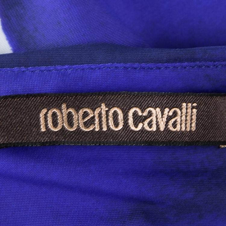 Pre Owned Roberto Cavalli Blue Printed Knit Ruched Draped Sleeveless Dress M