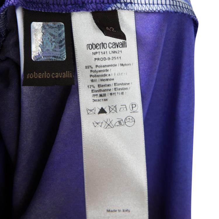 Pre Owned Roberto Cavalli Blue Printed Knit Ruched Draped Sleeveless Dress M