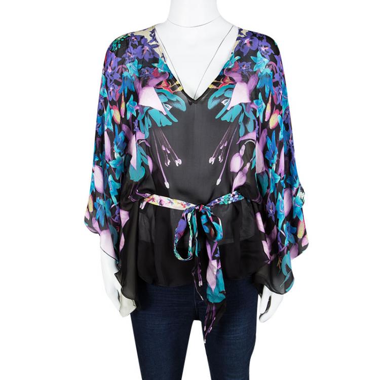 مملوكة مسبقًا Roberto Cavalli Multicolor Floral Printed Silk Belted Kaftan Top M