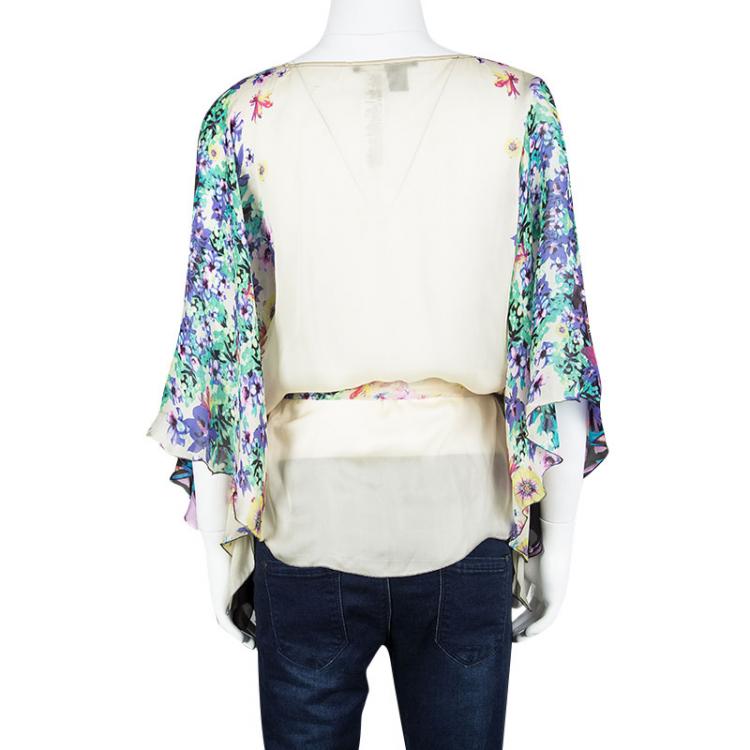 مملوكة مسبقًا Roberto Cavalli Multicolor Floral Printed Silk Belted Kaftan Top M