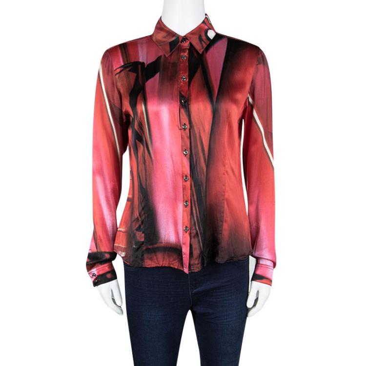 Pre Owned Roberto Cavalli Multicolor Printed Silk Cutout Placket Detail Long Sleeve Shirt S