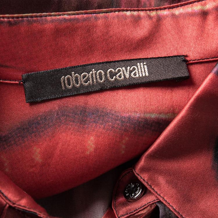 Pre Owned Roberto Cavalli Multicolor Printed Silk Cutout Placket Detail Long Sleeve Shirt S