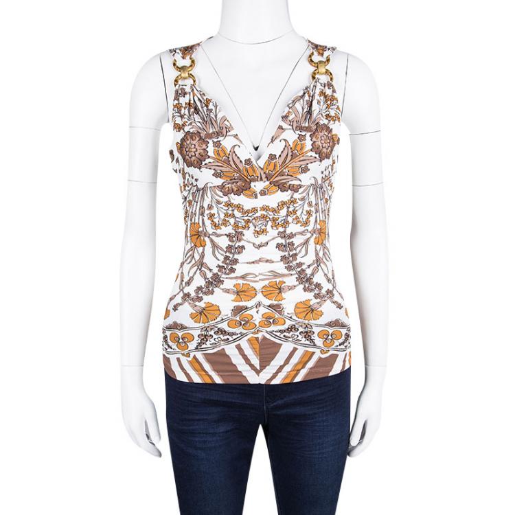 مملوكة مسبقًا Roberto Cavalli Multicolor Printed Gold Ring Detail Sleeveless Gathered Top S