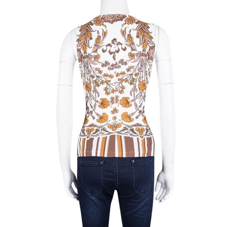 مملوكة مسبقًا Roberto Cavalli Multicolor Printed Gold Ring Detail Sleeveless Gathered Top S