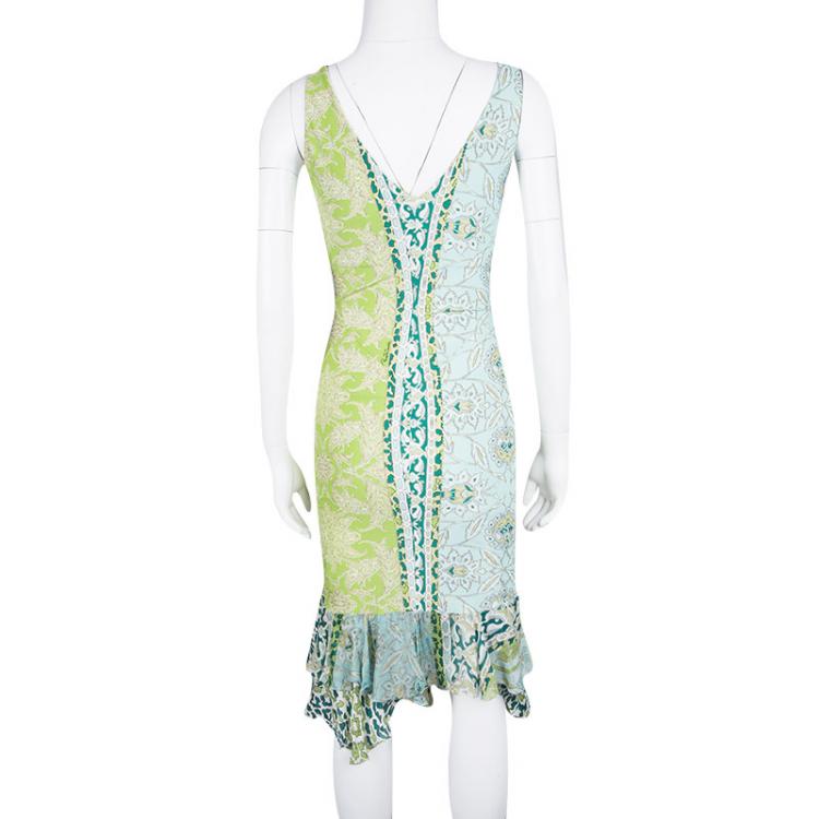 Pre Owned Roberto Cavalli Multicolor Printed Tie Detail Ruffle Bottom Dress S