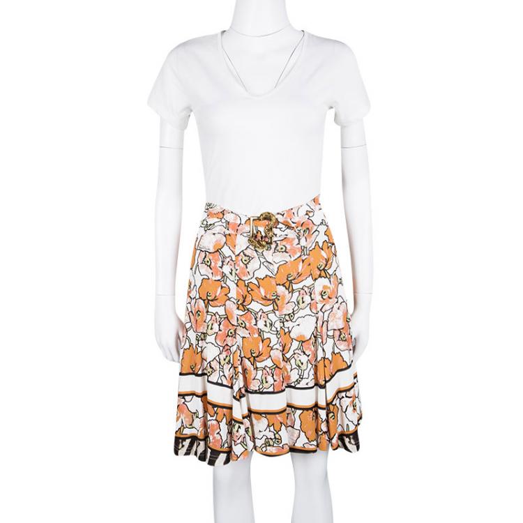 Pre Owned Roberto Cavalli Multicolor Floral Print Snake Logo Buckle Detail Flared Skirt S