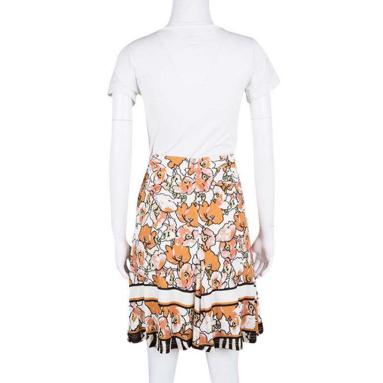 Pre Owned Roberto Cavalli Multicolor Floral Print Snake Logo Buckle Detail Flared Skirt S