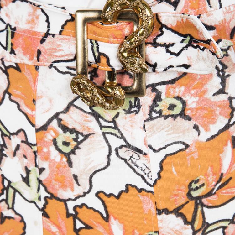 Pre Owned Roberto Cavalli Multicolor Floral Print Snake Logo Buckle Detail Flared Skirt S