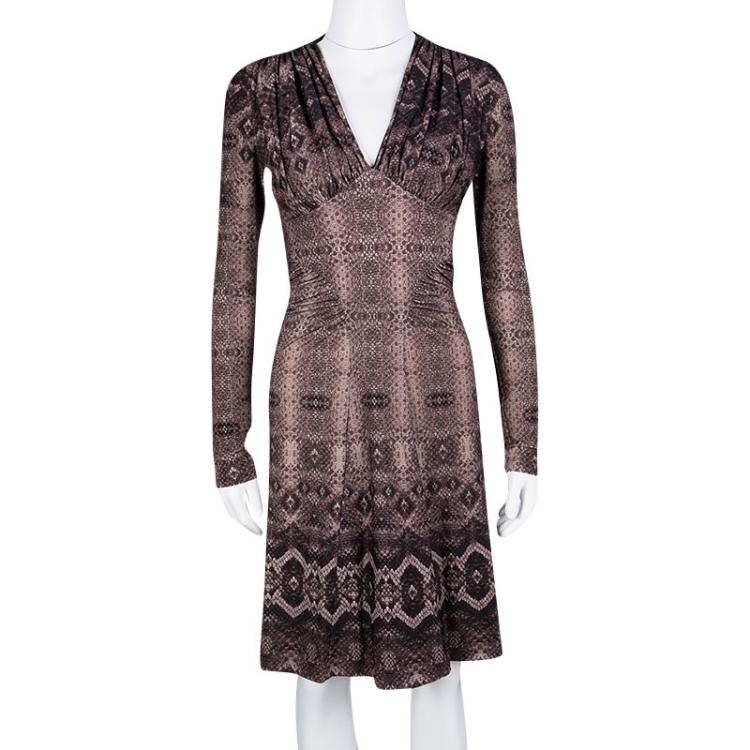 Pre Owned Roberto Cavalli Animal Print Gathered Long Sleeve Dress S