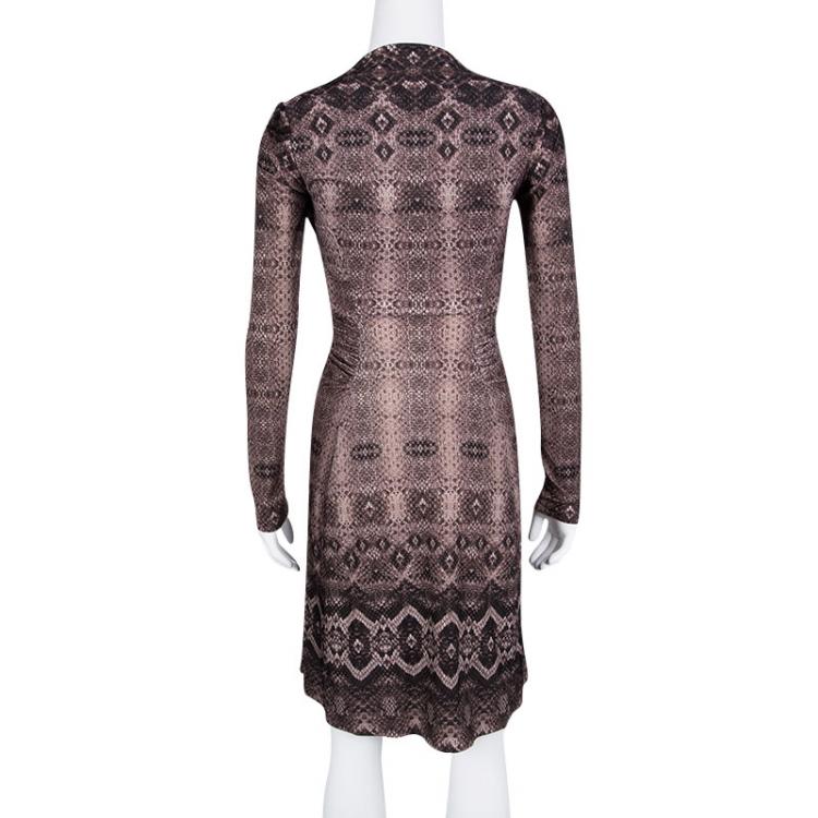 Pre Owned Roberto Cavalli Animal Print Gathered Long Sleeve Dress S