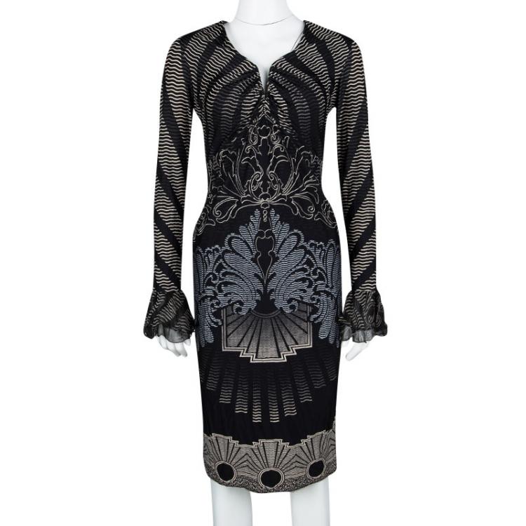 Pre Owned Roberto Cavalli Black Printed Knit Ruched Long Sleeve Dress M