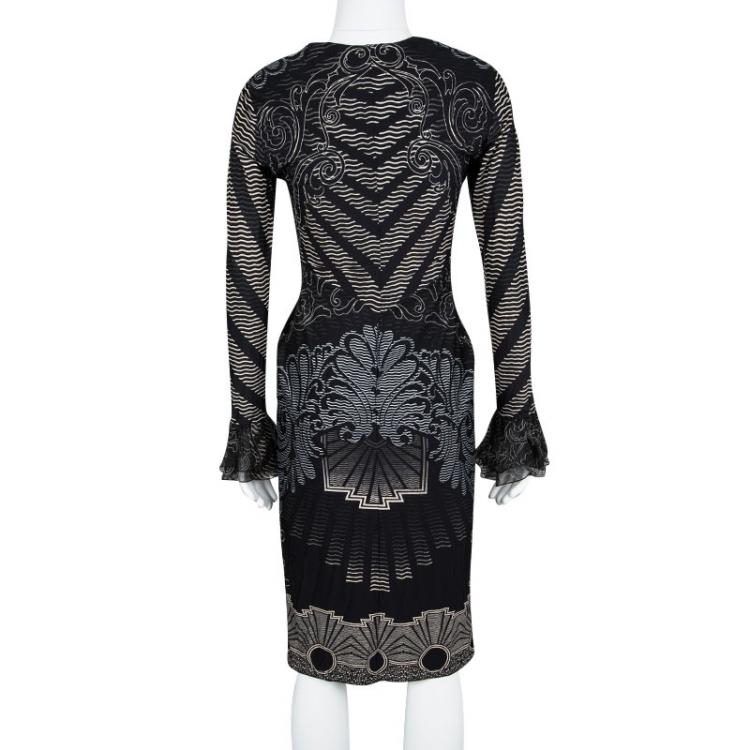 Pre Owned Roberto Cavalli Black Printed Knit Ruched Long Sleeve Dress M