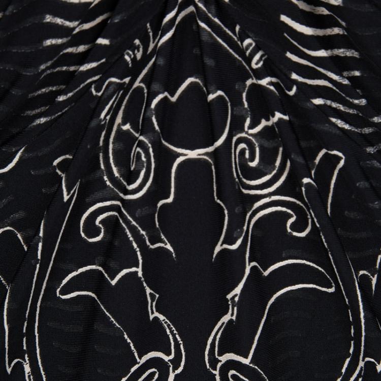 Pre Owned Roberto Cavalli Black Printed Knit Ruched Long Sleeve Dress M