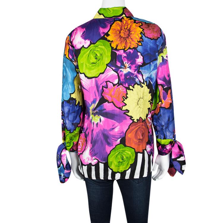مملوكة مسبقًا Roberto Cavalli Multicolour Floral Print Sleeve Tie Detail Silk Blouse M