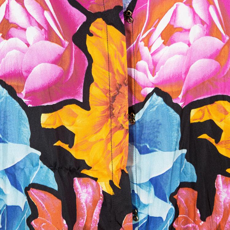 مملوكة مسبقًا Roberto Cavalli Multicolour Floral Print Sleeve Tie Detail Silk Blouse M