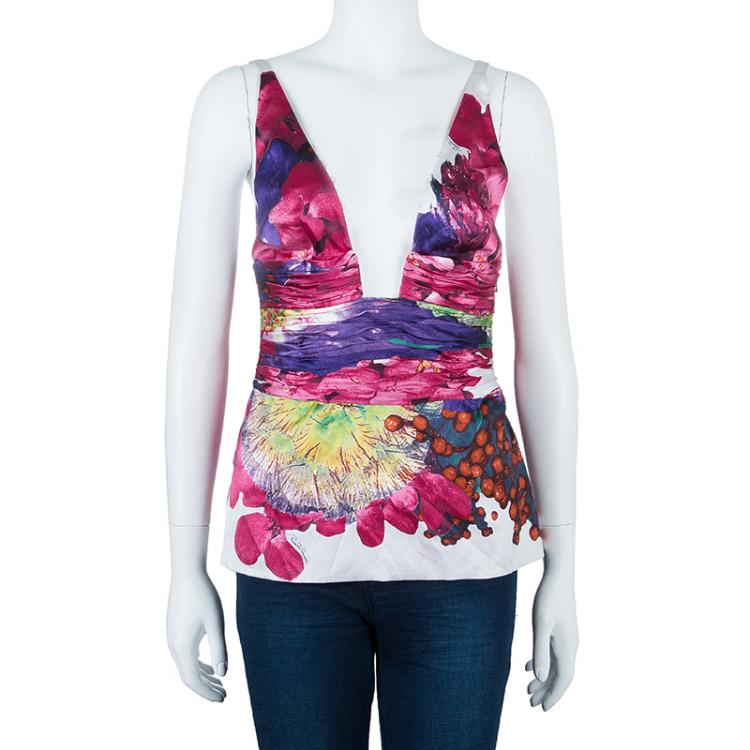 Pre Owned Roberto Cavalli Floral Silk Pleated Top M