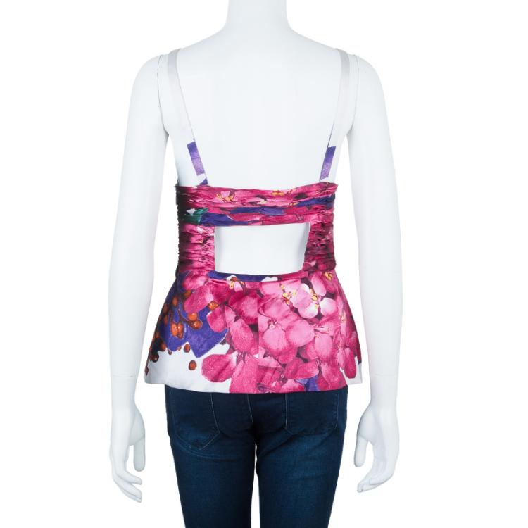 Pre Owned Roberto Cavalli Floral Silk Pleated Top M