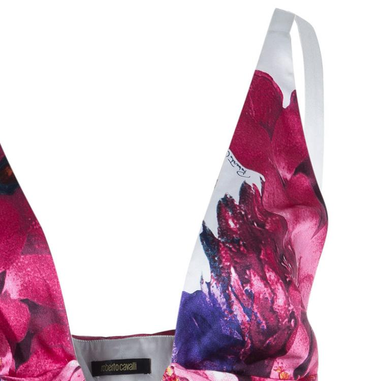 Pre Owned Roberto Cavalli Floral Silk Pleated Top M