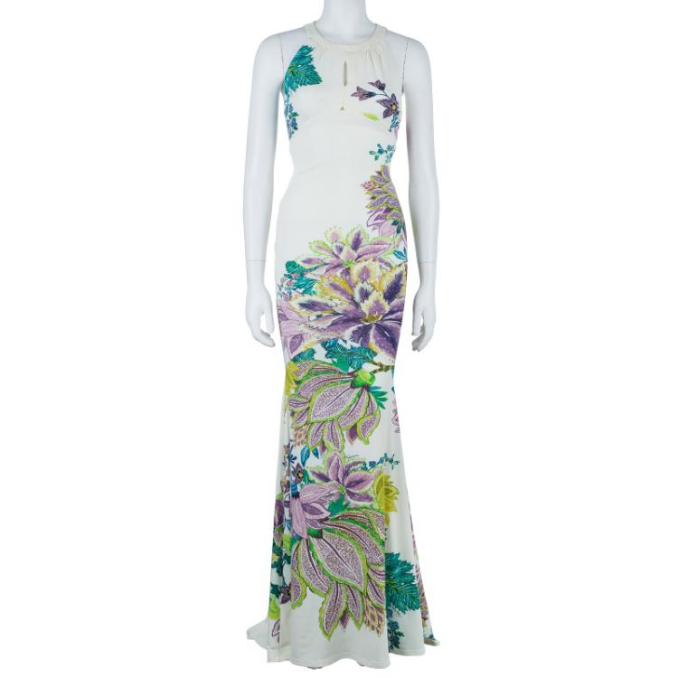 Pre Owned Roberto Cavalli White Floral Print Gown S