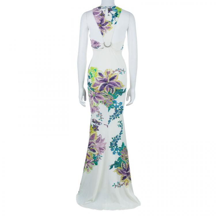 Pre Owned Roberto Cavalli White Floral Print Gown S