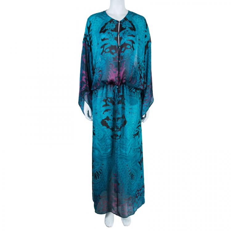 Pre Owned Roberto Cavalli Blue Printed Silk Kaftan L