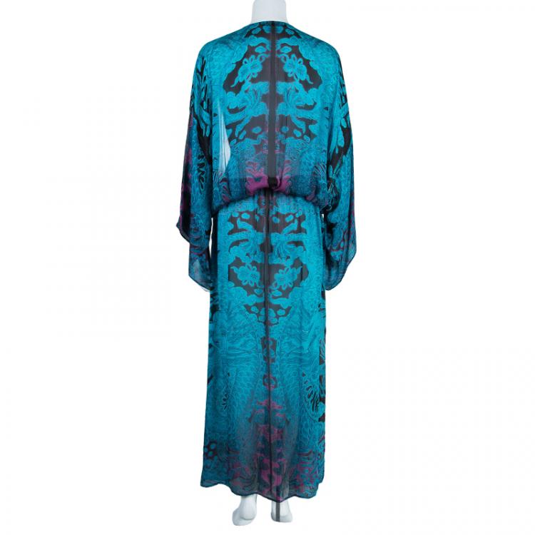 Pre Owned Roberto Cavalli Blue Printed Silk Kaftan L