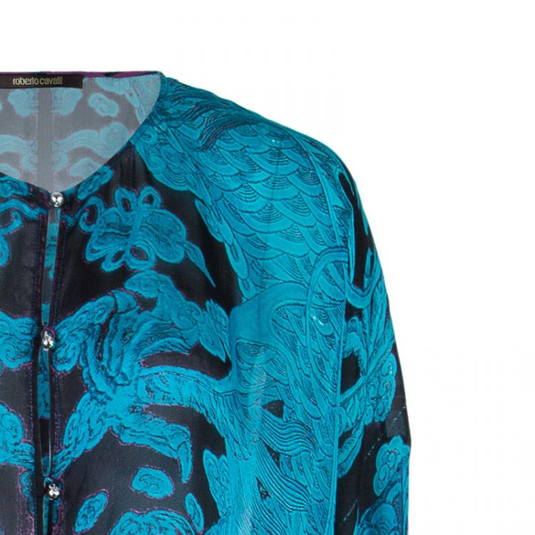 Pre Owned Roberto Cavalli Blue Printed Silk Kaftan L