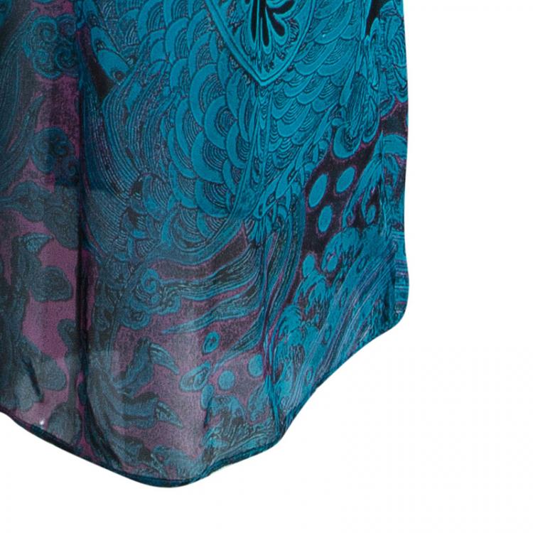 Pre Owned Roberto Cavalli Blue Printed Silk Kaftan L