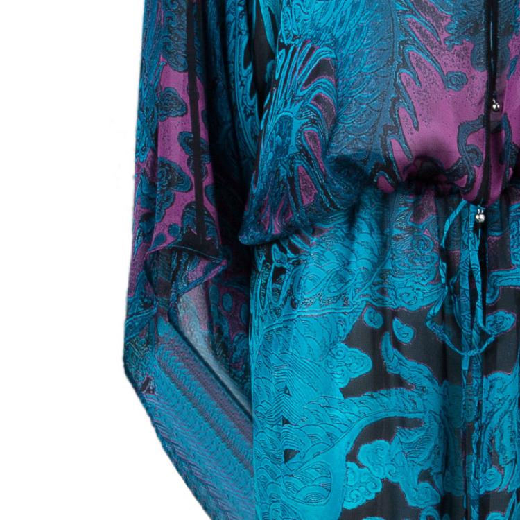 Pre Owned Roberto Cavalli Blue Printed Silk Kaftan L