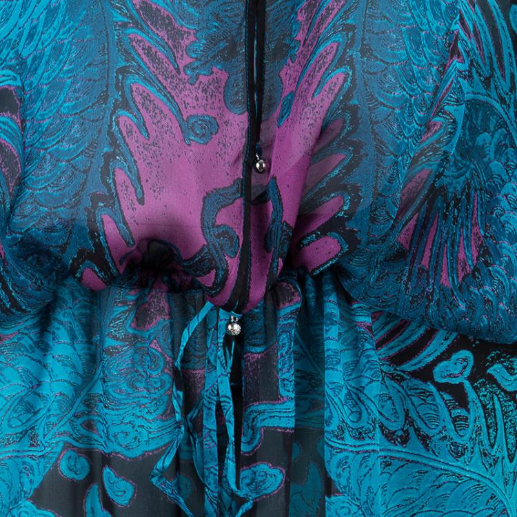 Pre Owned Roberto Cavalli Blue Printed Silk Kaftan L