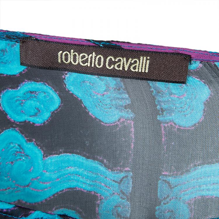 Pre Owned Roberto Cavalli Blue Printed Silk Kaftan L