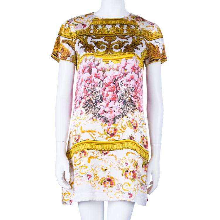 Pre Owned Roberto Cavalli Printed Short Sleeve Silk Shift dress S