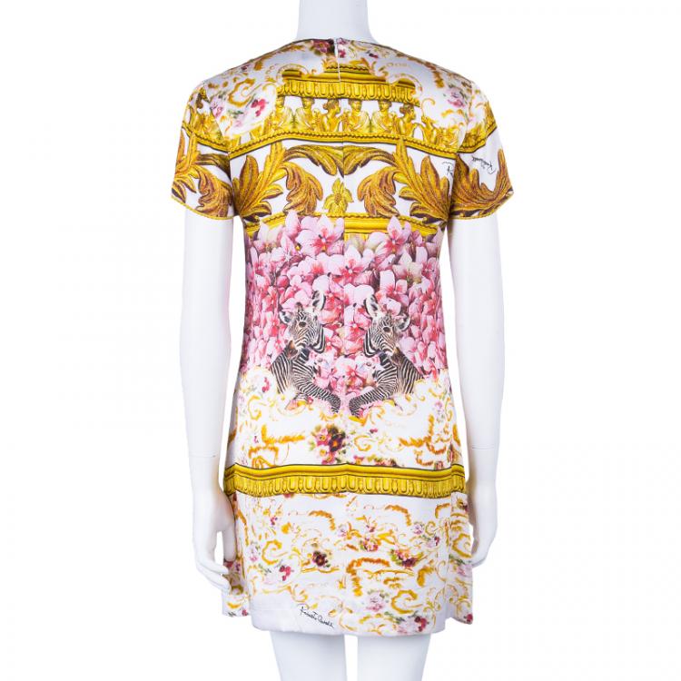 Pre Owned Roberto Cavalli Printed Short Sleeve Silk Shift dress S