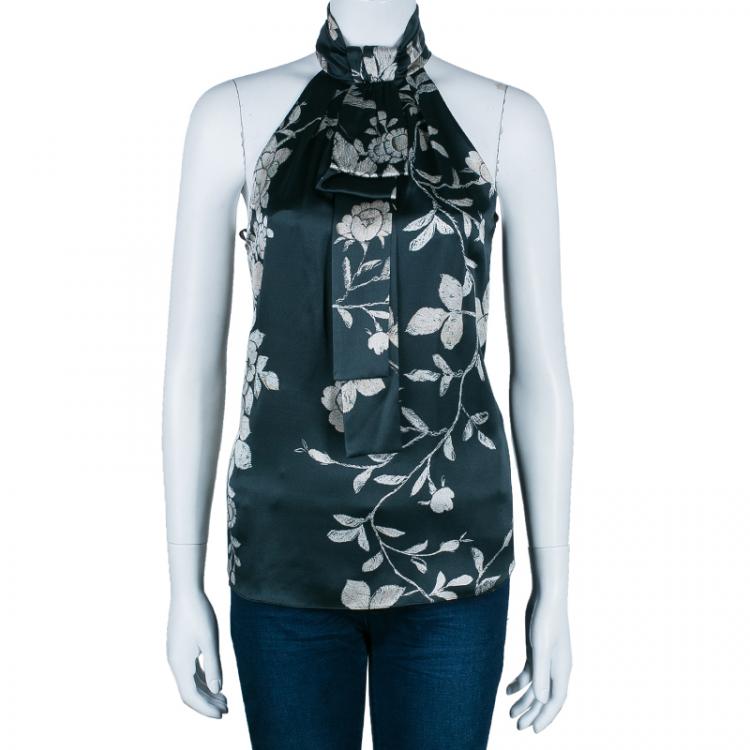 Pre Owned Roberto Cavalli Green Floral Silk Sleeveless Top S