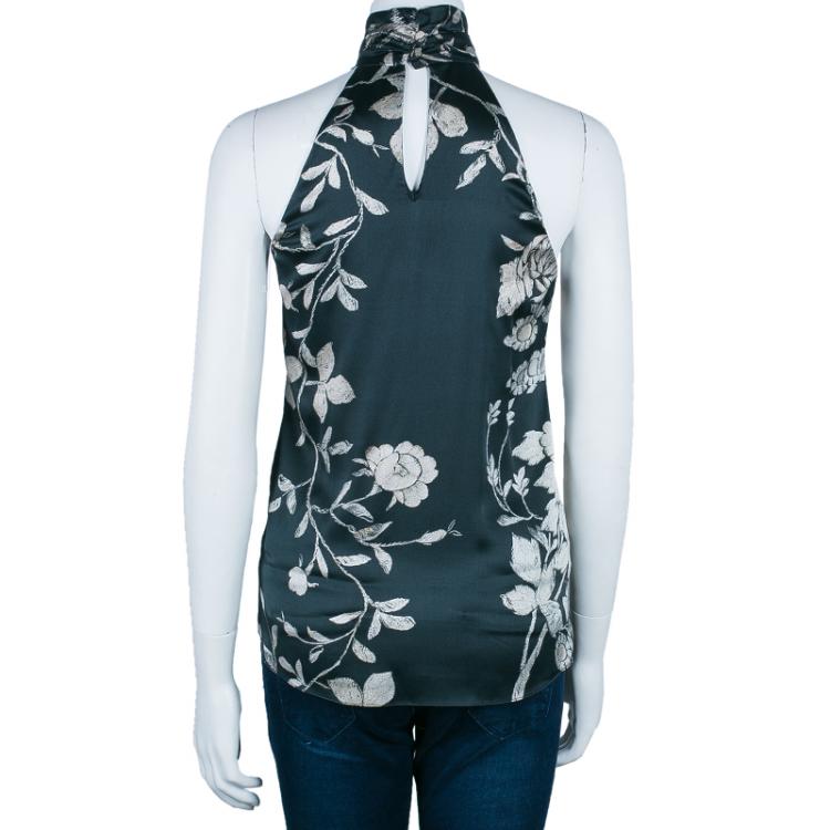 Pre Owned Roberto Cavalli Green Floral Silk Sleeveless Top S