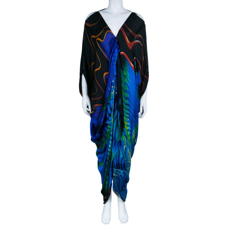 Pre Owned Roberto Cavalli Black Printed One-Shoulder Maxi Dress L