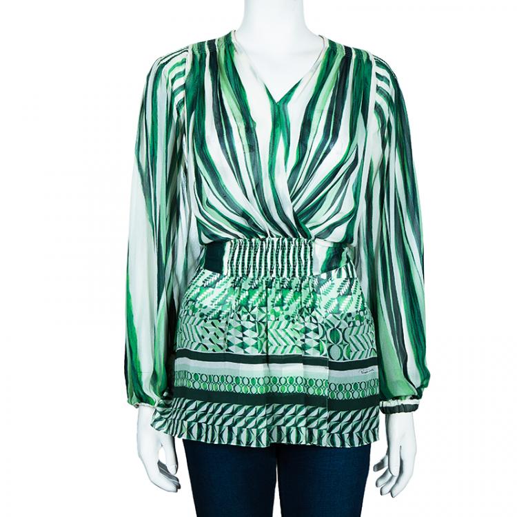 مملوكة مسبقًا Roberto Cavalli Green Print Chiffon Top M