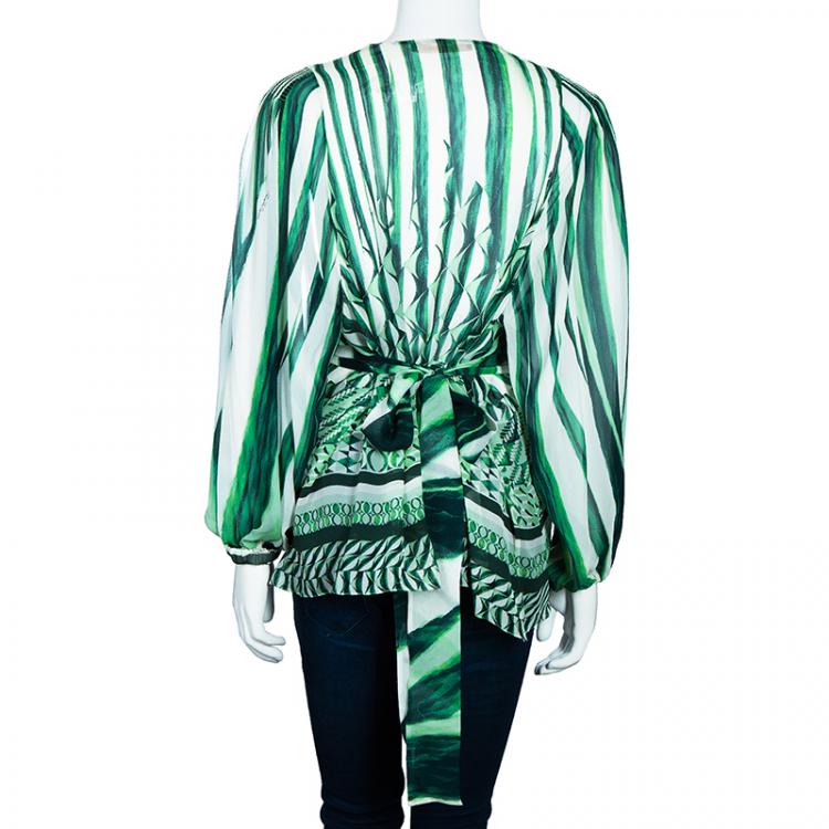 مملوكة مسبقًا Roberto Cavalli Green Print Chiffon Top M