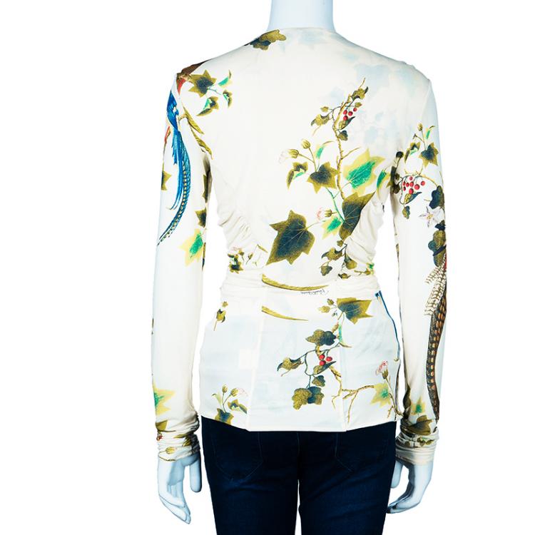 Pre Owned Roberto Cavalli White Multicolor Printed Long Sleeve Top L
