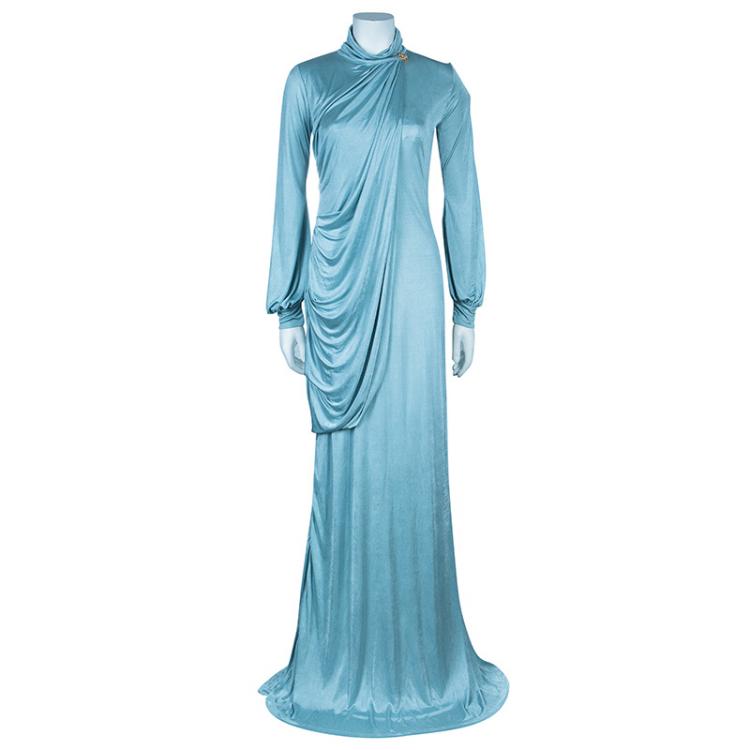 مملوكة مسبقًا Roberto Cavalli Ice Blue Jersey Draped Gown L