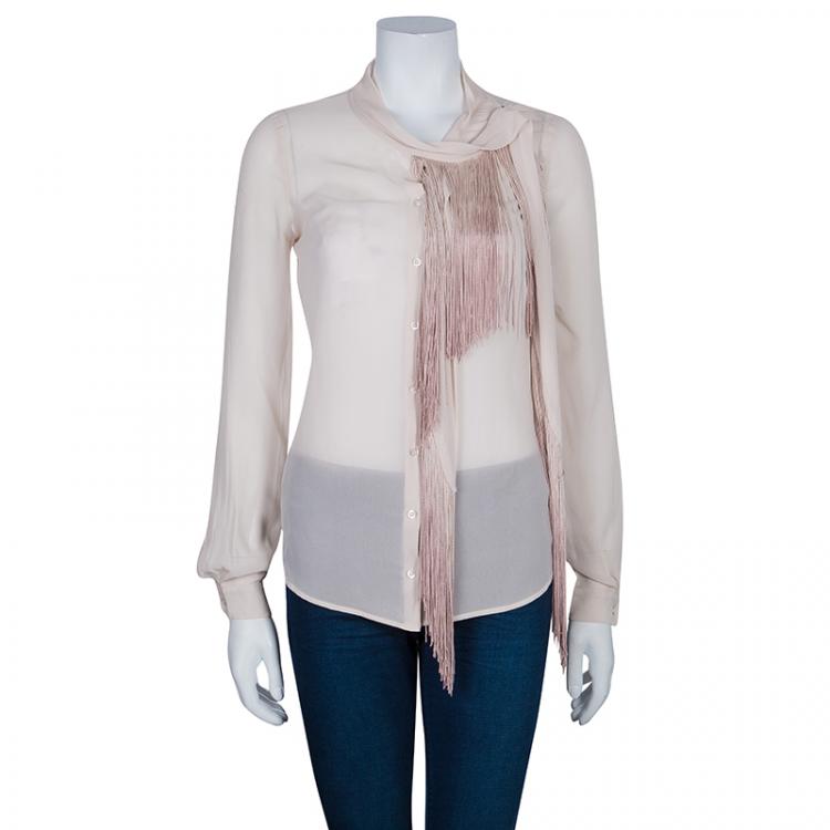 مملوكة مسبقًا Roberto Cavalli Pink Fringe Chiffon Top S