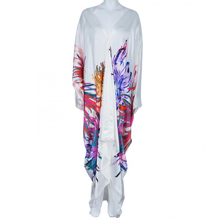 Pre Owned Roberto Cavalli White Multicolor Printed Kaftan L