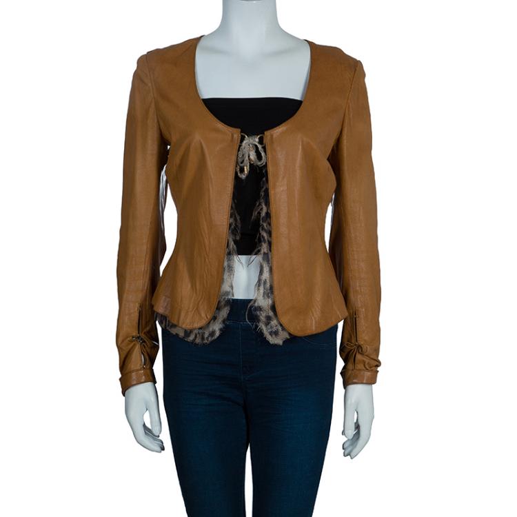 Pre Owned Roberto Cavalli Brown Leather Jacket M